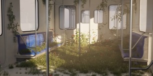 Interior d’un vagó de tren amb plantes i flors creixent al terra i als seients, banyat per llum natural