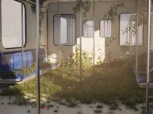 Interior d’un vagó de tren amb plantes i flors creixent al terra i als seients, banyat per llum natural